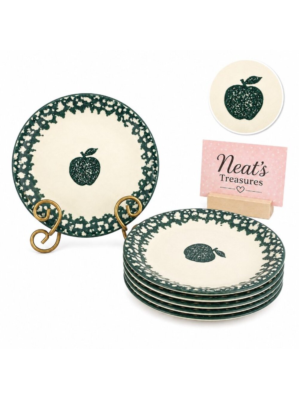 Tienshan FOLK CRAFT APPLE Green Sponge Stoneware Round Salad Plates Set Of Six